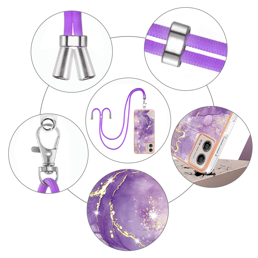 YB IMD Series-9 For Motorola Moto G53 5G / G13 4G TPU Cover Electroplated IMD Marble Pattern Phone Case with Lanyard - Purple 002 YB IMD Series-9 For Motorola Moto G53 5G / G13 4G TPU Cover Electroplated IMD Marble Pattern Phone Case with Lanyard - Purple 002